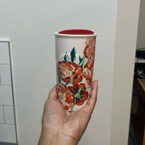 Starbucks Pink & White Floral Ceramic Travel Mug Tumbler 10oz Rare 2015